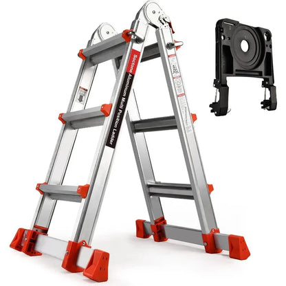 XMSJ 17 Ft telescopic aluminum ladder with stabilizer bars and removable tool tray.