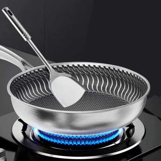 Tri-Ply stainless steel frying pan with double-sided honeycomb design and non-stick surface.