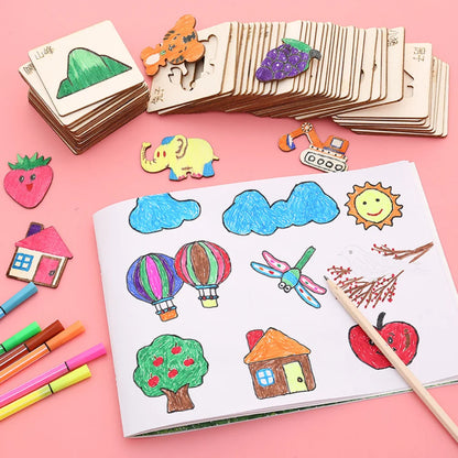 Wooden drawing stencils for kids, featuring various shapes and patterns. Ideal for DIY painting and crafting, designed for children aged 3-12 years.