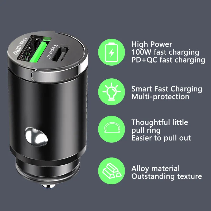 100W Car Charger with dual PD30W & QC30W intelligent chips, featuring a sleek zinc alloy body and a compact, pull-ring design. Compatible with USB and Type C devices for fast and safe charging.