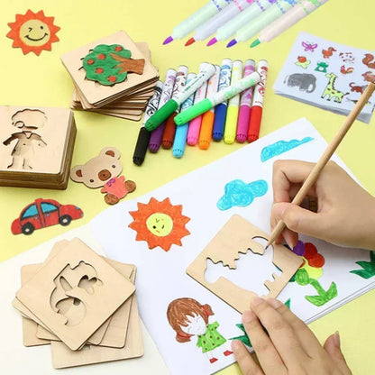 Wooden drawing stencils for kids, featuring various shapes and patterns. Ideal for DIY painting and crafting, designed for children aged 3-12 years.