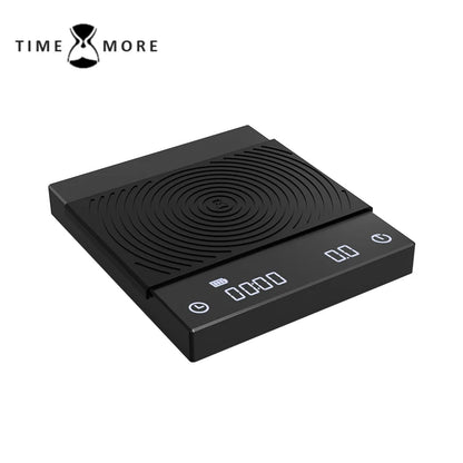 TIMEMORE Black Mirror Basic+ Digital Scale with 0.1g to 2kg accuracy, ideal for coffee and kitchen use, featuring auto-timer and USB charging.