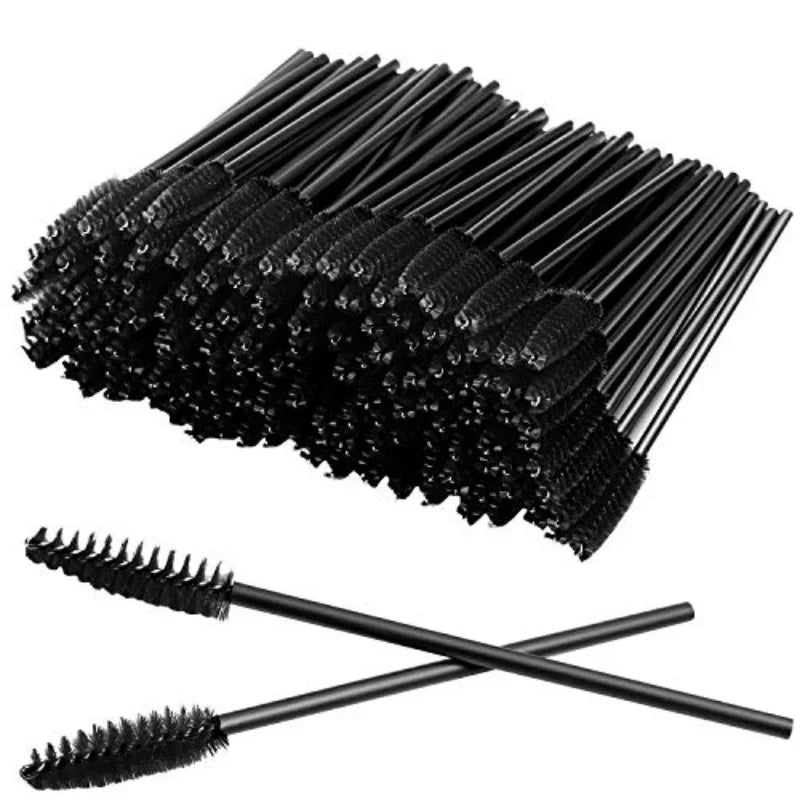 A collection of disposable eyelash mascara brushes and eyebrow spoolie wands, available in packs of 100 or 300. Ideal for lash extensions, eyebrow grooming, and makeup application.