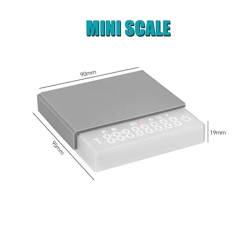 Mini coffee scale with LED display, 2kg capacity, accurate to 0.1g, USB powered.