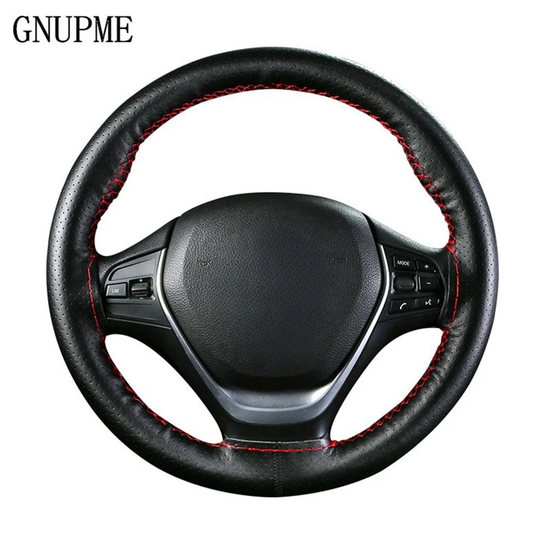 Premium hand-stitched leather steering wheel cover with stylish braid design and DIY installation kit including needles and thread.