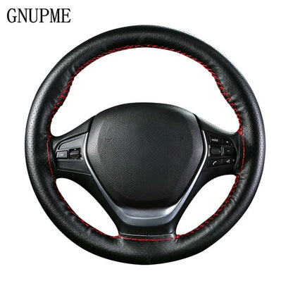 Premium hand-stitched leather steering wheel cover with stylish braid design and DIY installation kit including needles and thread.