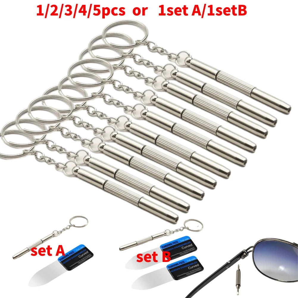 Portable stainless steel 3-in-1 eyeglass screwdriver with keychain, includes flat head, cross, and star nut drivers for easy repair of glasses, watches, and small devices.