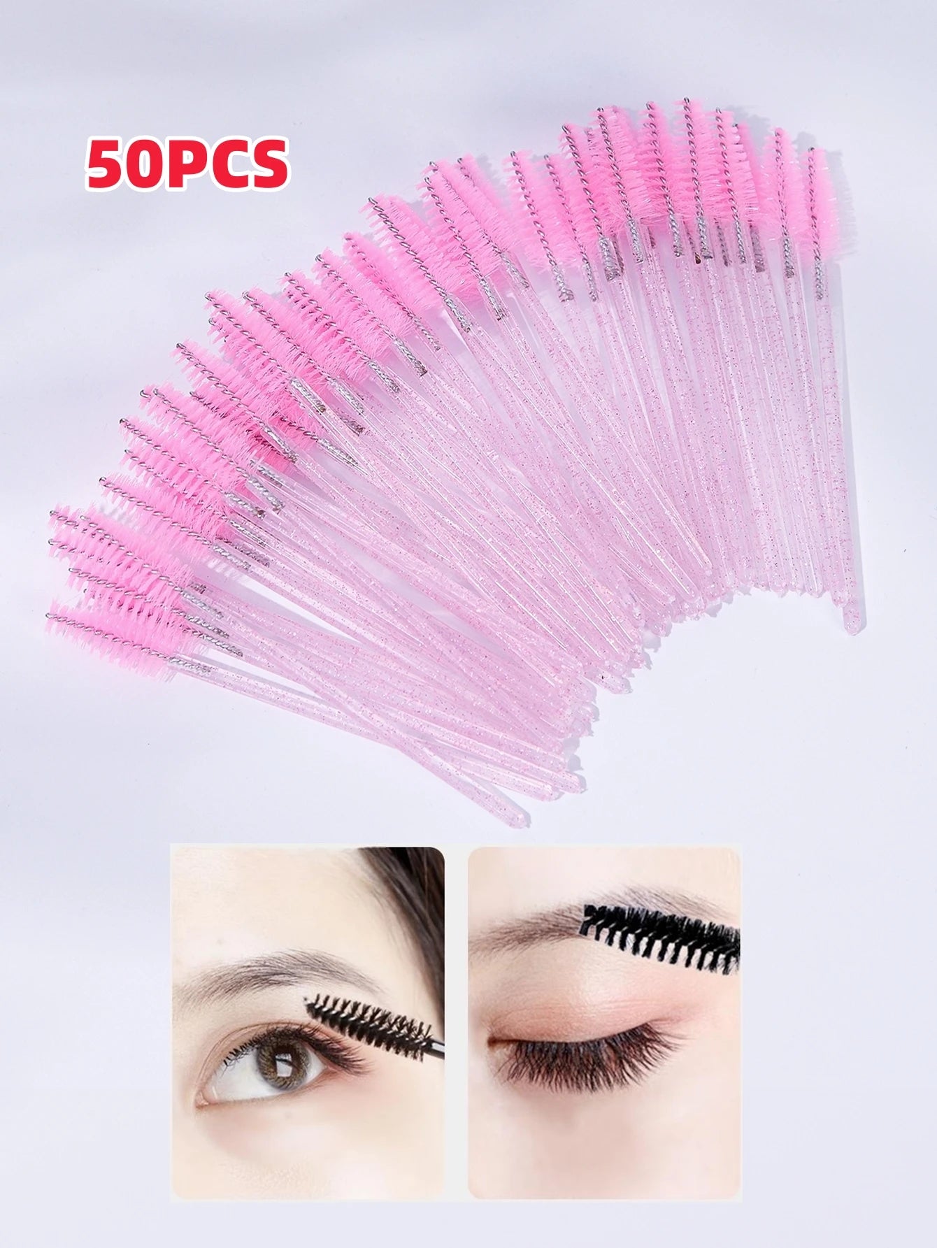 A set of 50 disposable eyelash brushes with soft bristles, perfect for mascara application and lash grooming. Ideal for lash extensions and personal or professional makeup use.