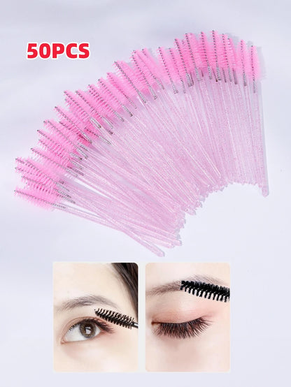 A set of 50 disposable eyelash brushes with soft bristles, perfect for mascara application and lash grooming. Ideal for lash extensions and personal or professional makeup use.