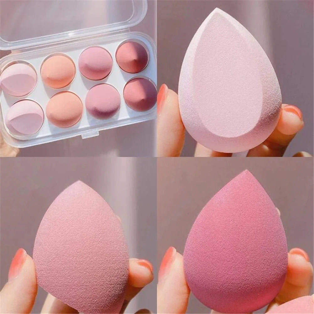 Assorted makeup sponges and puffs in a set of 4/8, ideal for applying foundation, concealer, and blush. Made of soft latex, perfect for a smooth, flawless makeup finish.