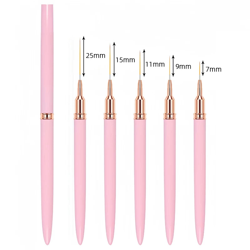 Set of five pink-handled nail art liner brushes of varying sizes displayed in a fan arrangement.