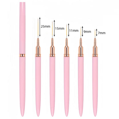 Set of five pink-handled nail art liner brushes of varying sizes displayed in a fan arrangement.