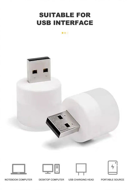 USB LED plug lamp, 1W night light providing warm white illumination. Available individually or in packs of 10, perfect for reading and portable lighting