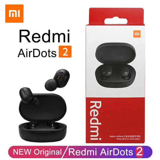 Xiaomi Redmi Airdots 2 wireless Bluetooth earbuds with charging case and silicone ear pads.