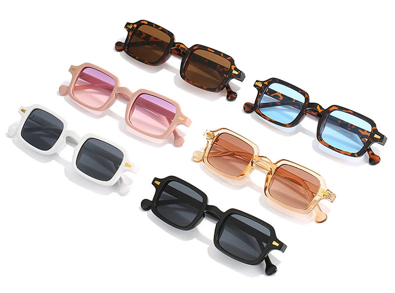 SO&EI fashion square sunglasses with retro rivet decoration and gradient UV400 lenses, available in leopard and blue, designed for women and men.