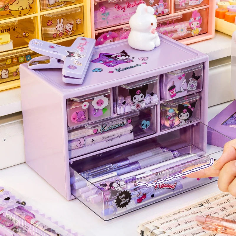 Sanrio 6-Grid Transparent Desktop Storage Box with Kuromi, Melody & Cinnamoroll Stickers