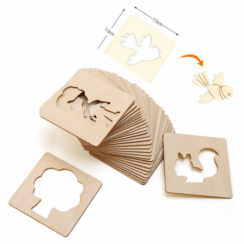 Wooden drawing stencils for kids, featuring various shapes and patterns. Ideal for DIY painting and crafting, designed for children aged 3-12 years.