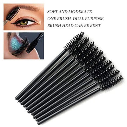 A collection of disposable eyelash mascara brushes and eyebrow spoolie wands, available in packs of 100 or 300. Ideal for lash extensions, eyebrow grooming, and makeup application.