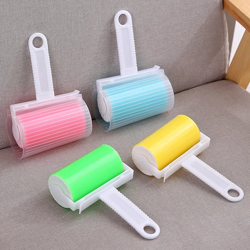 Washable reusable sticky roller for removing pet hair, lint, and dust, suitable for clothes, carpets, and furniture, with an easy-to-grip handle.