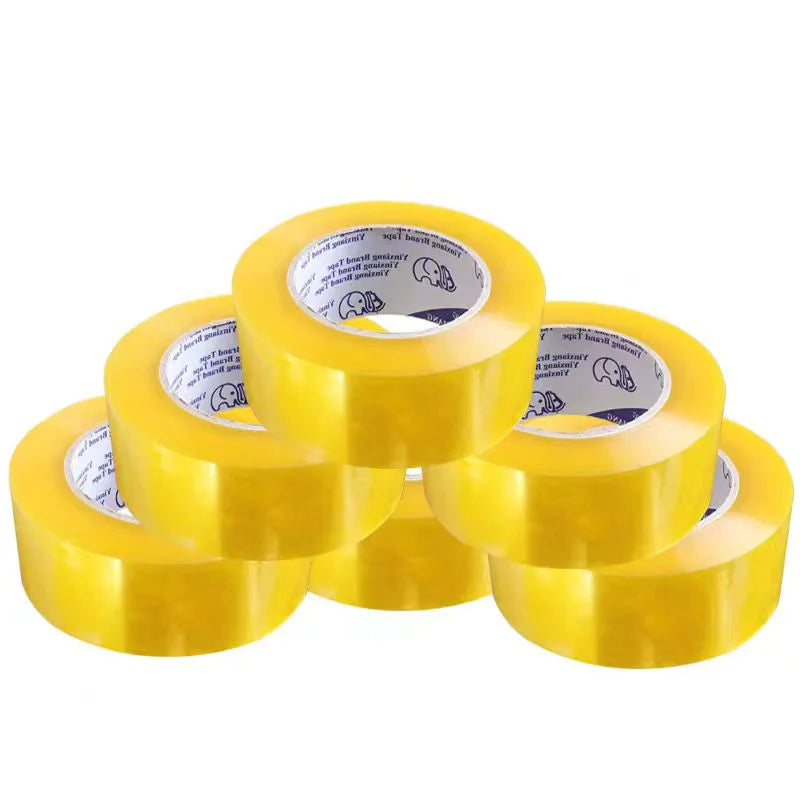 Five rolls of clear packaging tape stacked, showcasing their length and thickness, perfect for secure sealing and shipping.