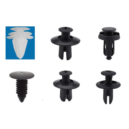 Mixed auto fastener clip kit with nylon push retainers and trim clips.