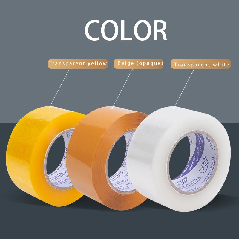 Five rolls of clear packaging tape stacked, showcasing their length and thickness, perfect for secure sealing and shipping.