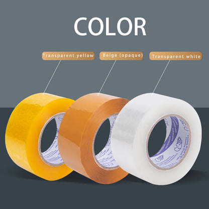 Five rolls of clear packaging tape stacked, showcasing their length and thickness, perfect for secure sealing and shipping.