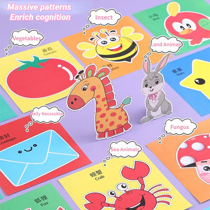 Colorful paper cut-outs and scissors from a DIY craft kit for children, featuring various cartoon-themed designs.