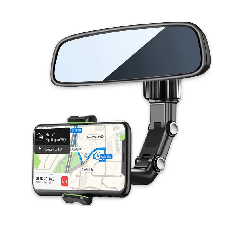 360° rotating rearview mirror phone holder for car, universal fit for all smartphones.