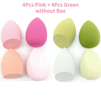 Assorted makeup sponges and puffs in a set of 4/8, ideal for applying foundation, concealer, and blush. Made of soft latex, perfect for a smooth, flawless makeup finish.