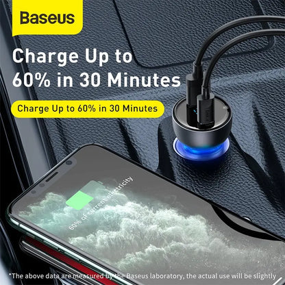 Baseus 65W dual port car charger with USB Type C and PD QC fast charging.