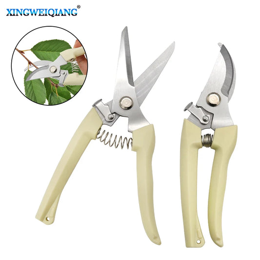 Stainless steel pruning shears with a bent handle for precise gardening use