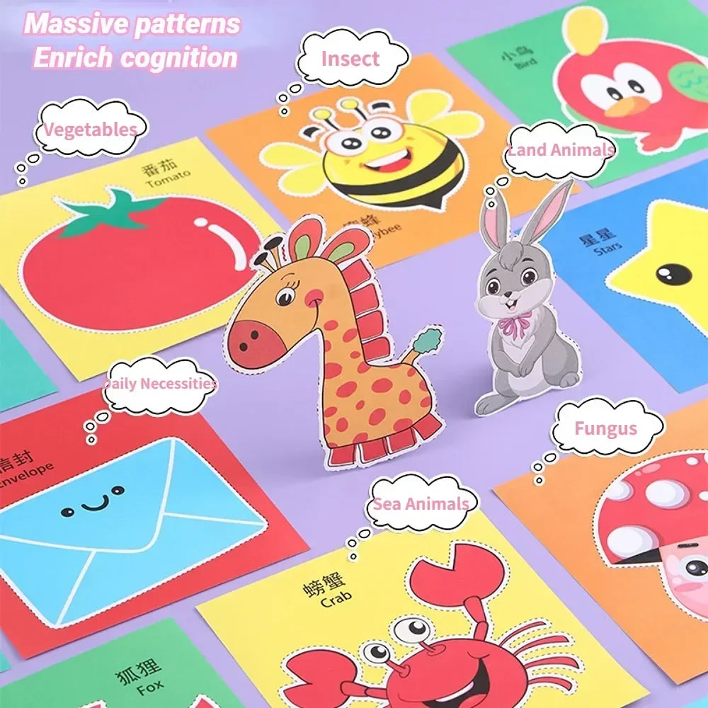 Colorful paper cut-outs and scissors from a DIY craft kit for children, featuring various cartoon-themed designs.