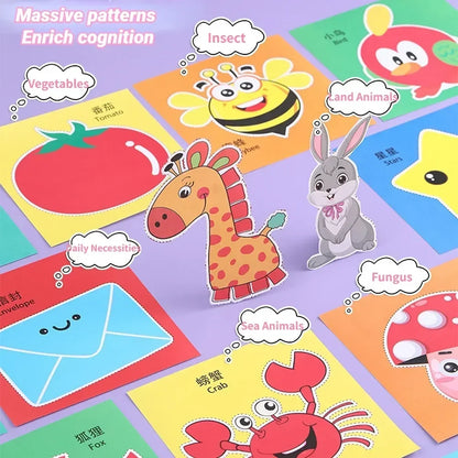 Colorful paper cut-outs and scissors from a DIY craft kit for children, featuring various cartoon-themed designs.