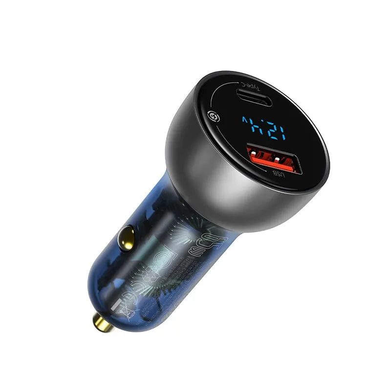 Baseus 65W dual port car charger with USB Type C and PD QC fast charging.