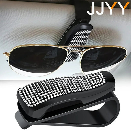 STONEGO rhinestone car sun visor glasses holder clip in black with sunglasses and cards