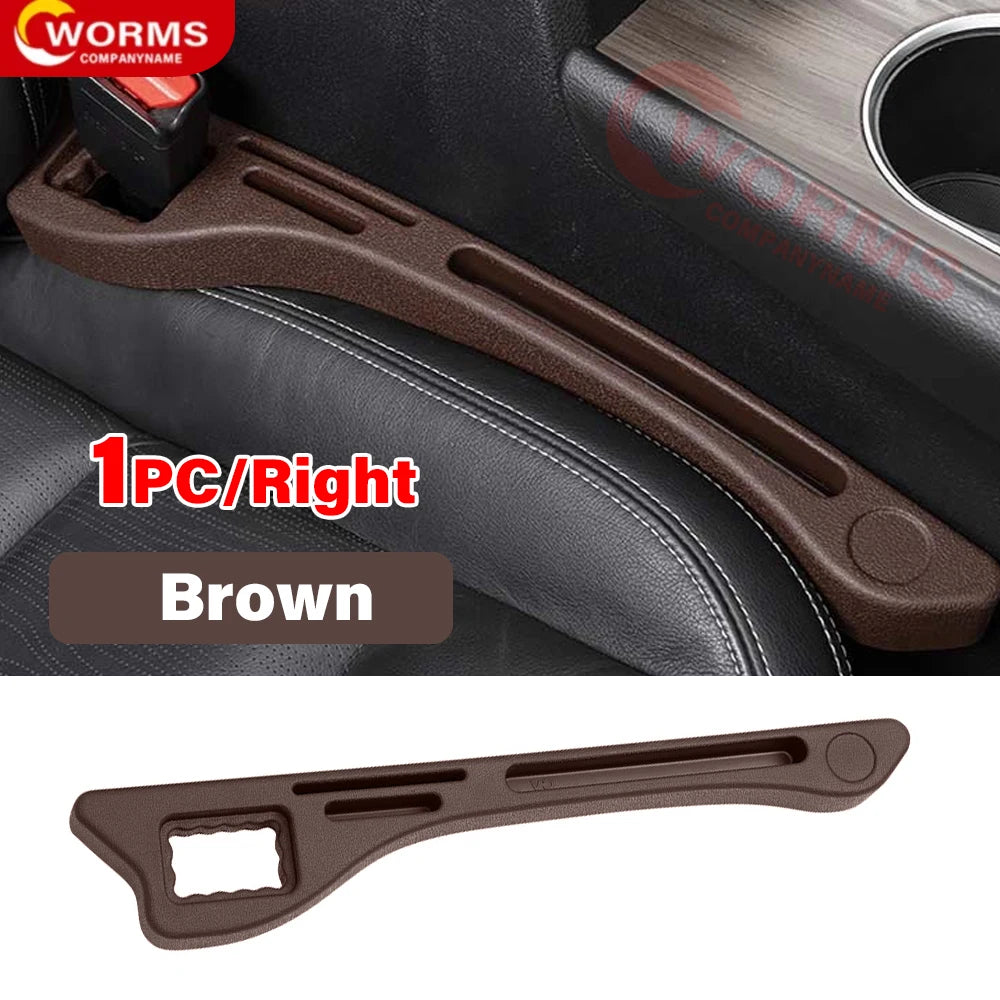 Universal car seat gap filler plug strip made from durable PU material, designed to prevent items from falling into the gap between the seat and console. Features holes for seat belt buckle access. Available in multiple colors.