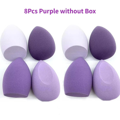 Assorted makeup sponges and puffs in a set of 4/8, ideal for applying foundation, concealer, and blush. Made of soft latex, perfect for a smooth, flawless makeup finish.