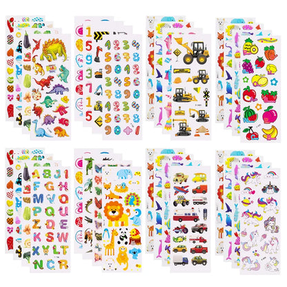 Five sheets of colorful puffy stickers featuring various cartoon designs, perfect for kids' scrapbooking and holiday gifts.