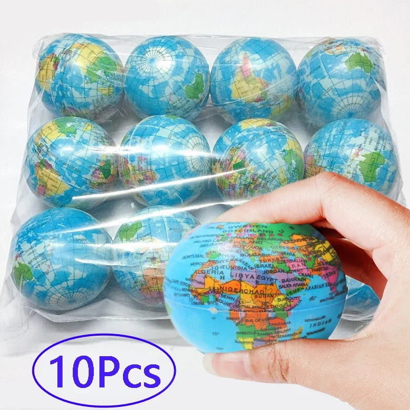 Colorful PU foam globe squeeze ball toy for stress relief and hand exercises.