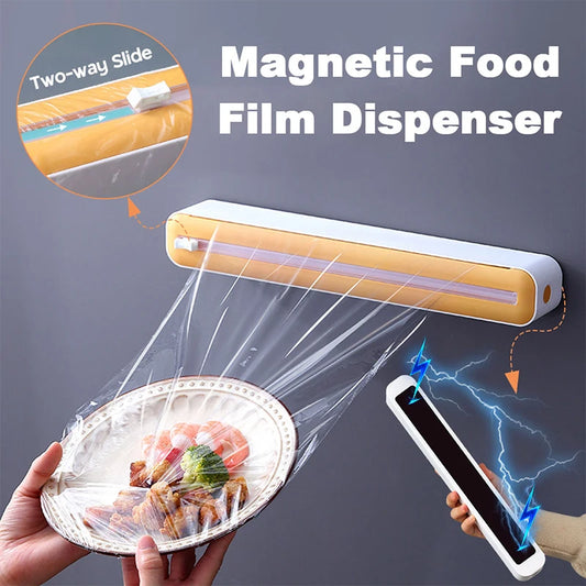 Magnetic food film dispenser with cutter, suitable for plastic wrap and foil.