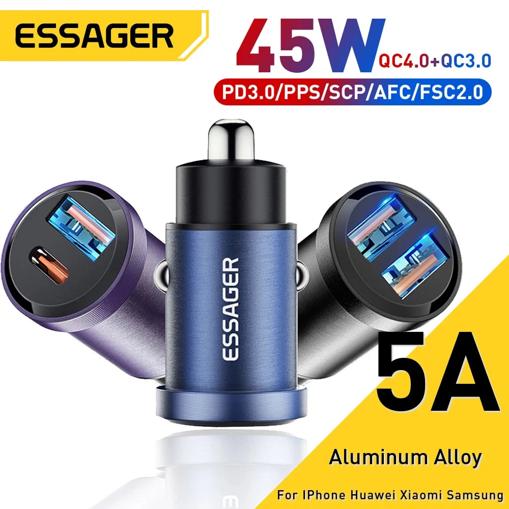 Essager 45W/30W USB car charger with dual ports for quick and efficient charging in a car.