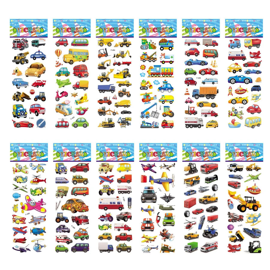 Five sheets of colorful puffy stickers featuring various cartoon designs, perfect for kids' scrapbooking and holiday gifts.