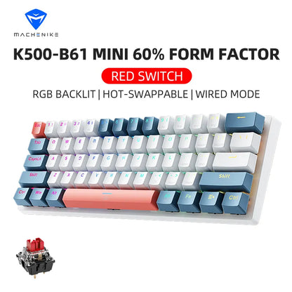 MACHENIKE K500-B61 mini mechanical keyboard with 60% form factor, RGB backlighting, and hot-swappable switches, ideal for compact and efficient gaming setups.