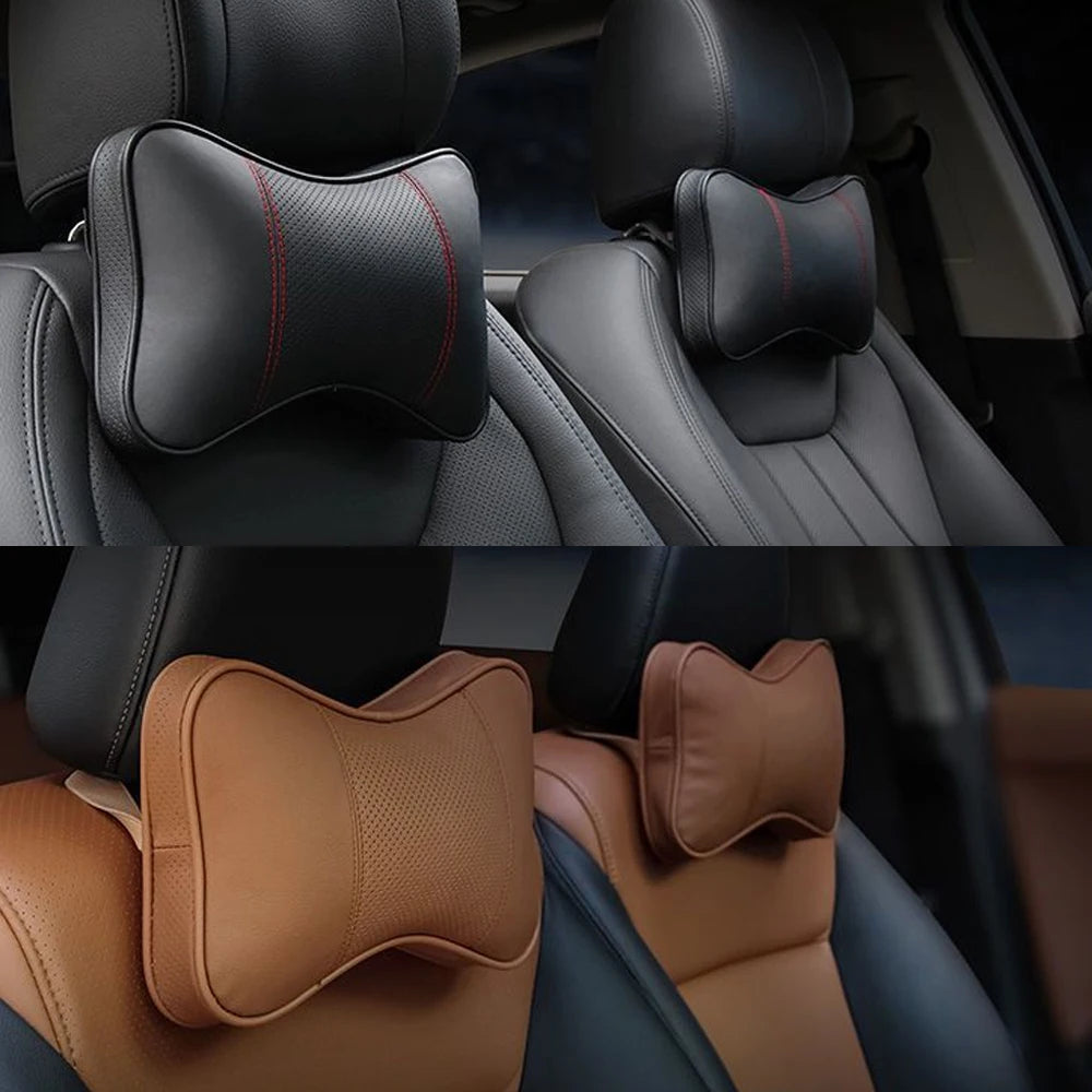 Two cowhide car neck pillows with an ergonomic design for universal use, providing support and comfort for neck and head while driving.