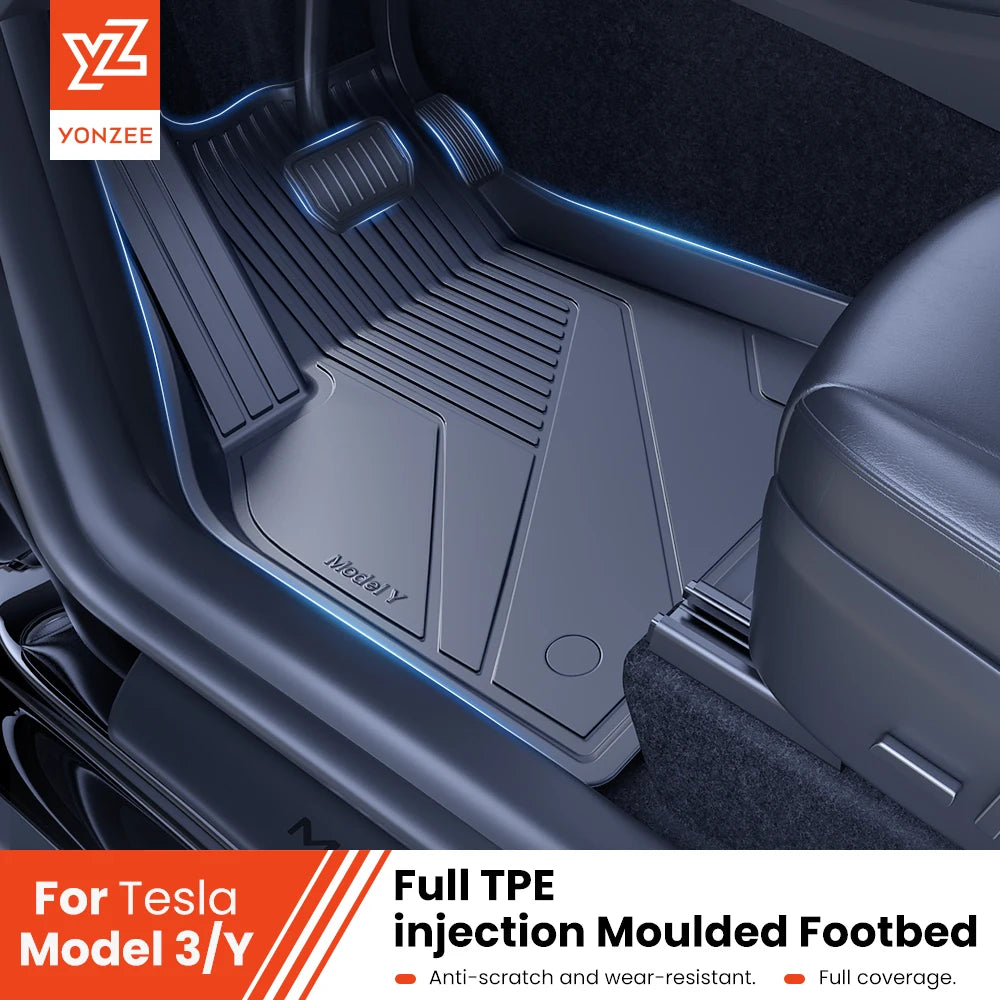 YZ Tesla Floor Mats for Model 3/Y (2021-2024), waterproof, non-slip TPE material with full coverage design and snap installation for secure fit.