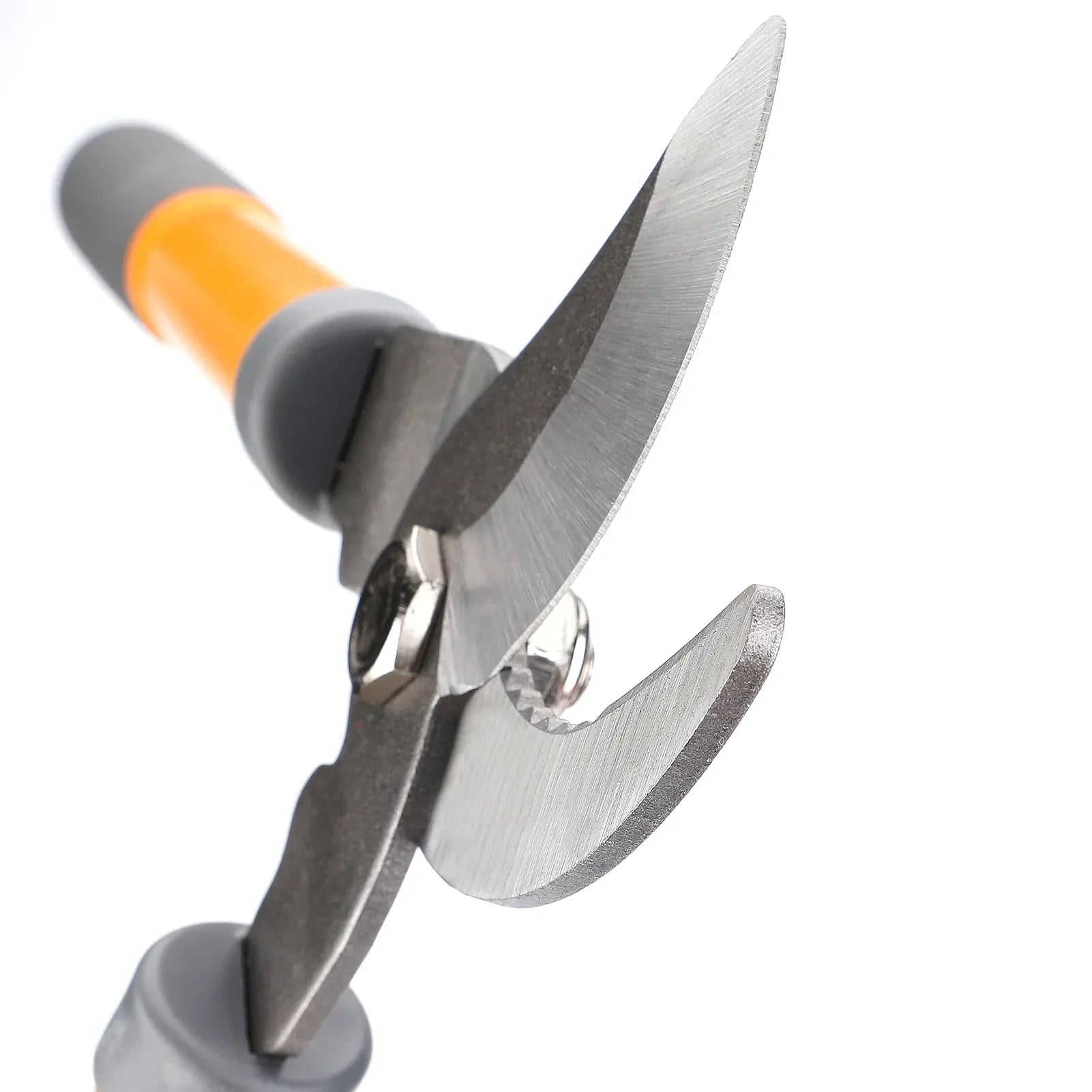 Stainless steel garden pruning shears with labor-saving design and protective cover.