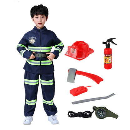 Children’s firefighter costume set with top, pants, adjustable helmet, and toy accessories, ideal for Halloween, career day, and imaginative play.