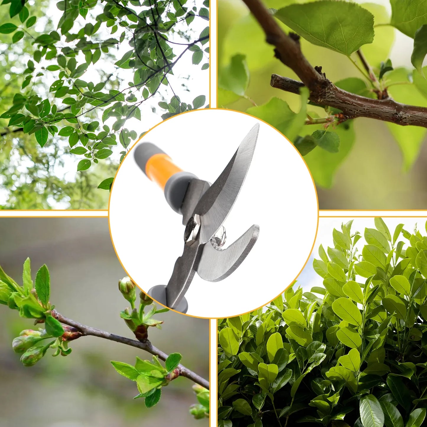 Stainless steel garden pruning shears with labor-saving design and protective cover.