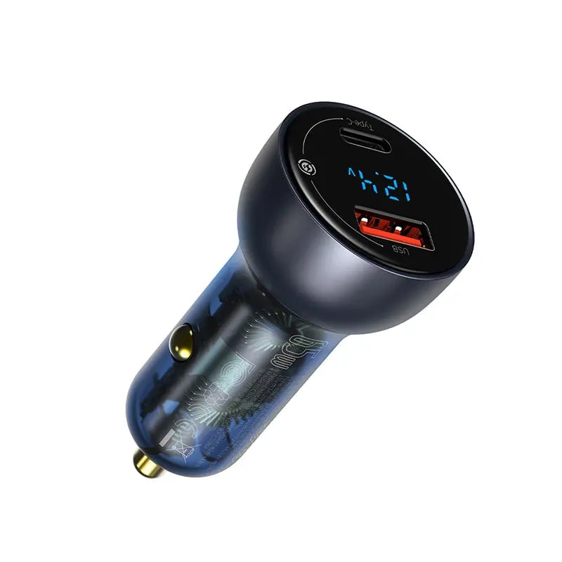 Baseus 65W dual port car charger with USB Type C and PD QC fast charging.